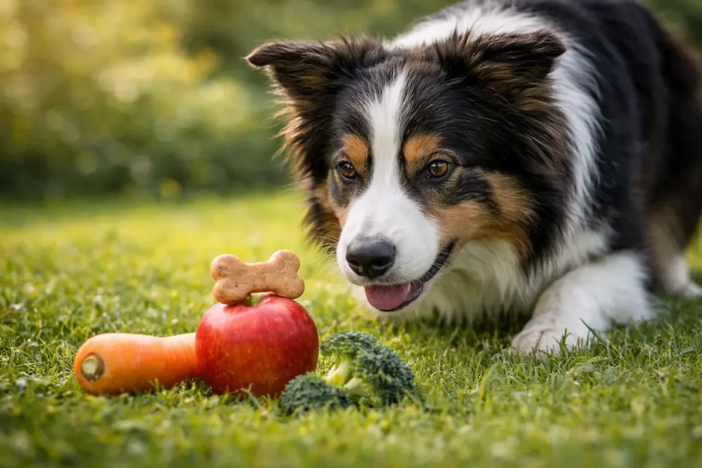 Border Collie schaut auf gesunde Snacks für Hunde wie Karotte, Apfel und Brokkoli auf einer grünen Wiese