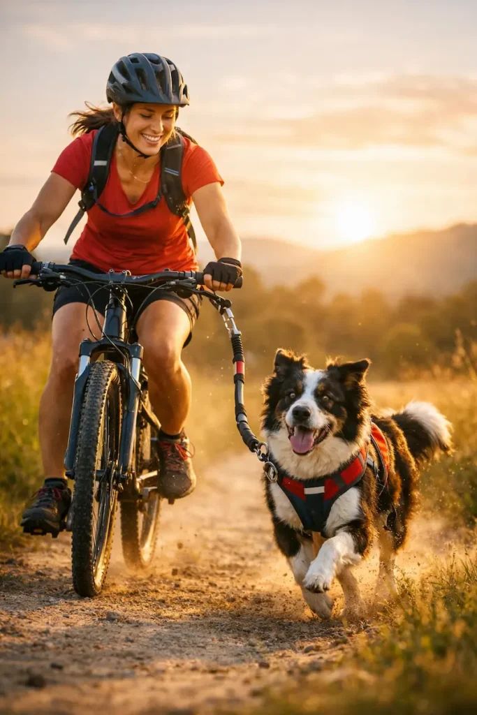 Frau fährt Mountainbike auf einem Feldweg bei Sonnenuntergang, während ein Hund mit Geschirr neben ihr läuft.