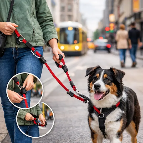 Frau geht mit Hund an verstellbarer Führleine in der Stadt mit Straßenbahn im Hintergrund