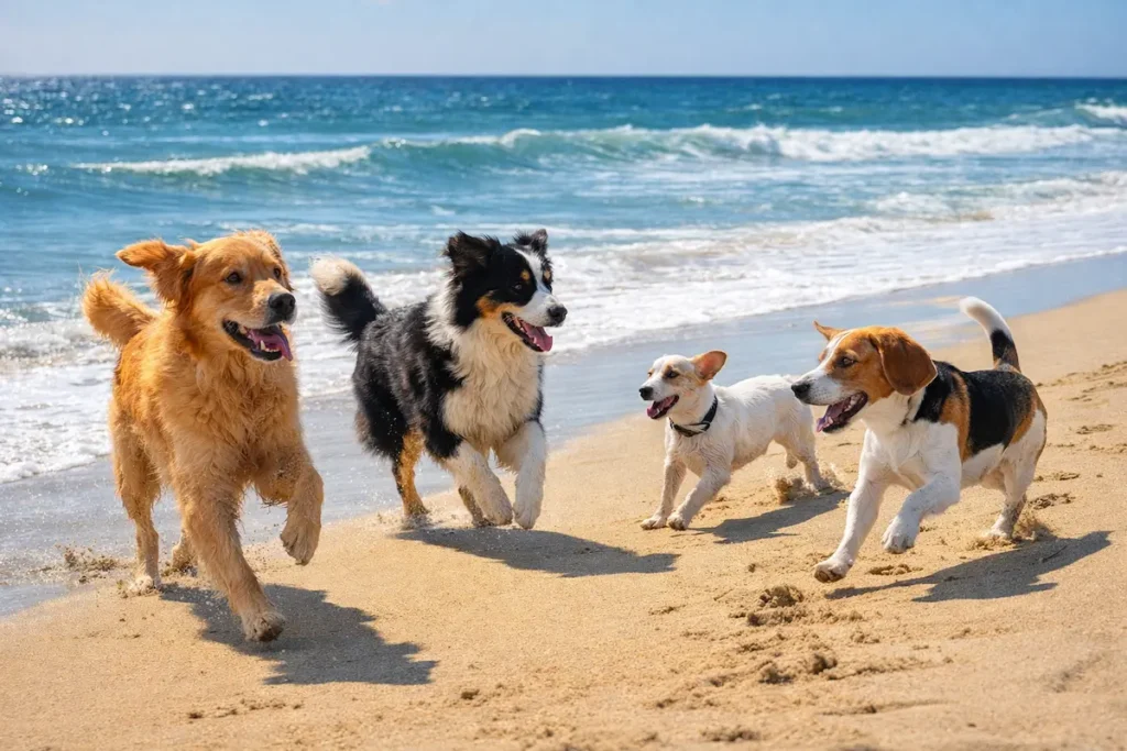 Fröhliche Hunde verschiedener Rassen rennen und spielen bei Sonnenschein im flachen Meerwasser am Sandstrand.