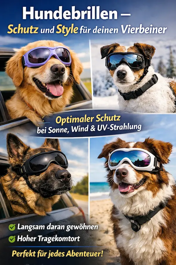 Infografik über Hundebrillen mit Schutzfunktion, Anwendung und Tipps