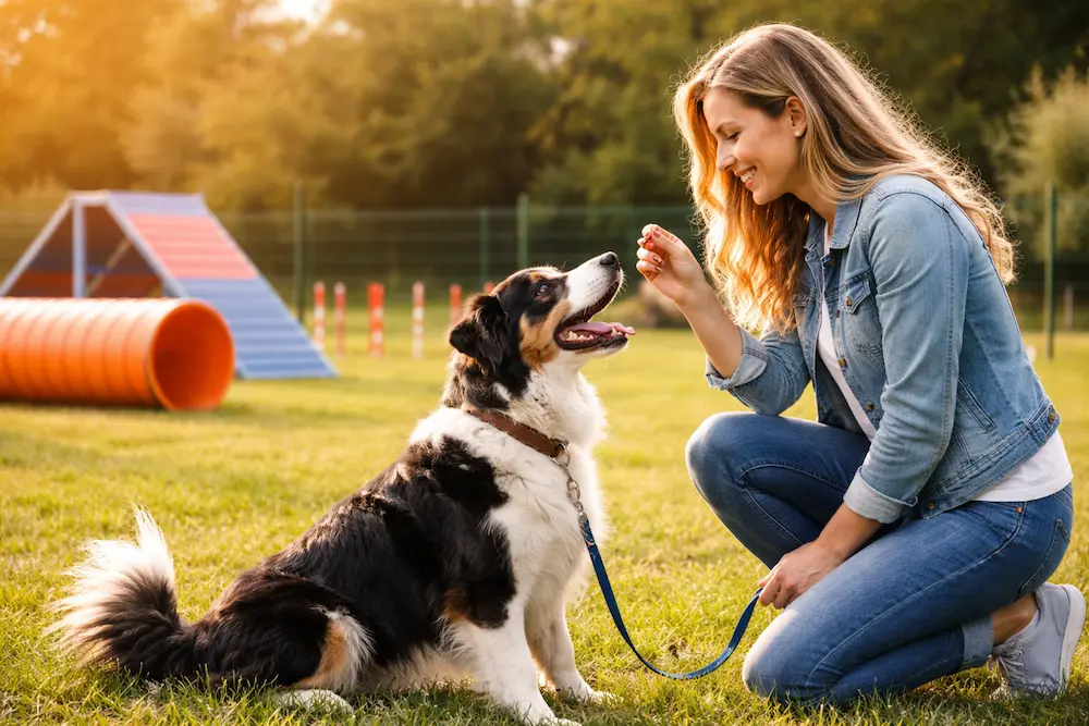 Frau trainiert ihren Hund auf einem Hundeplatz mit positiver Bestärkung und Leckerli
