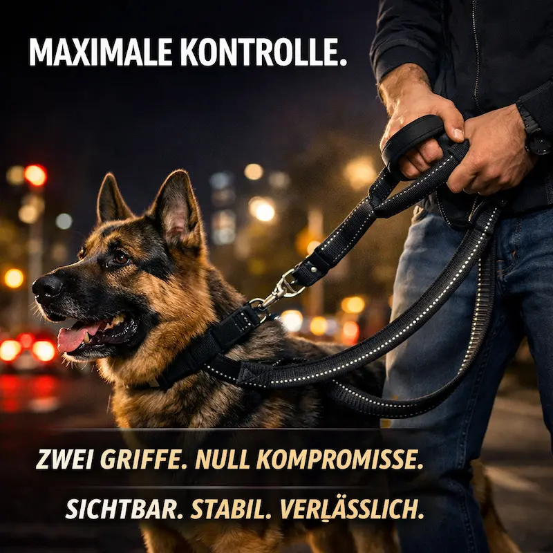 Hundeleine mit Doppelgriff ermöglicht Kontrolle über großen Hund im urbanen Umfeld bei Dunkelheit