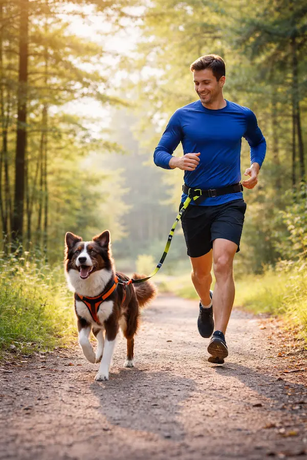Mann joggt mit Hund an Sportleine und Bauchgurt auf Waldweg bei Sonnenlicht.
