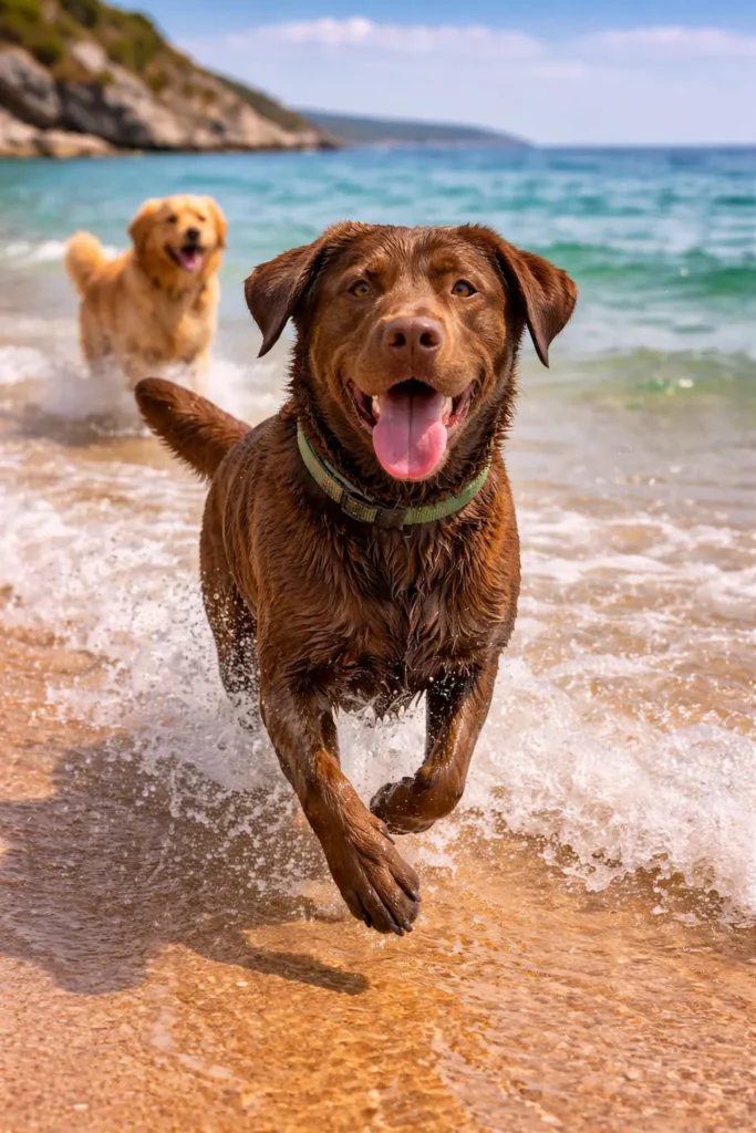 Brauner Labrador läuft fröhlich durch flaches Meerwasser am sonnigen Sandstrand.