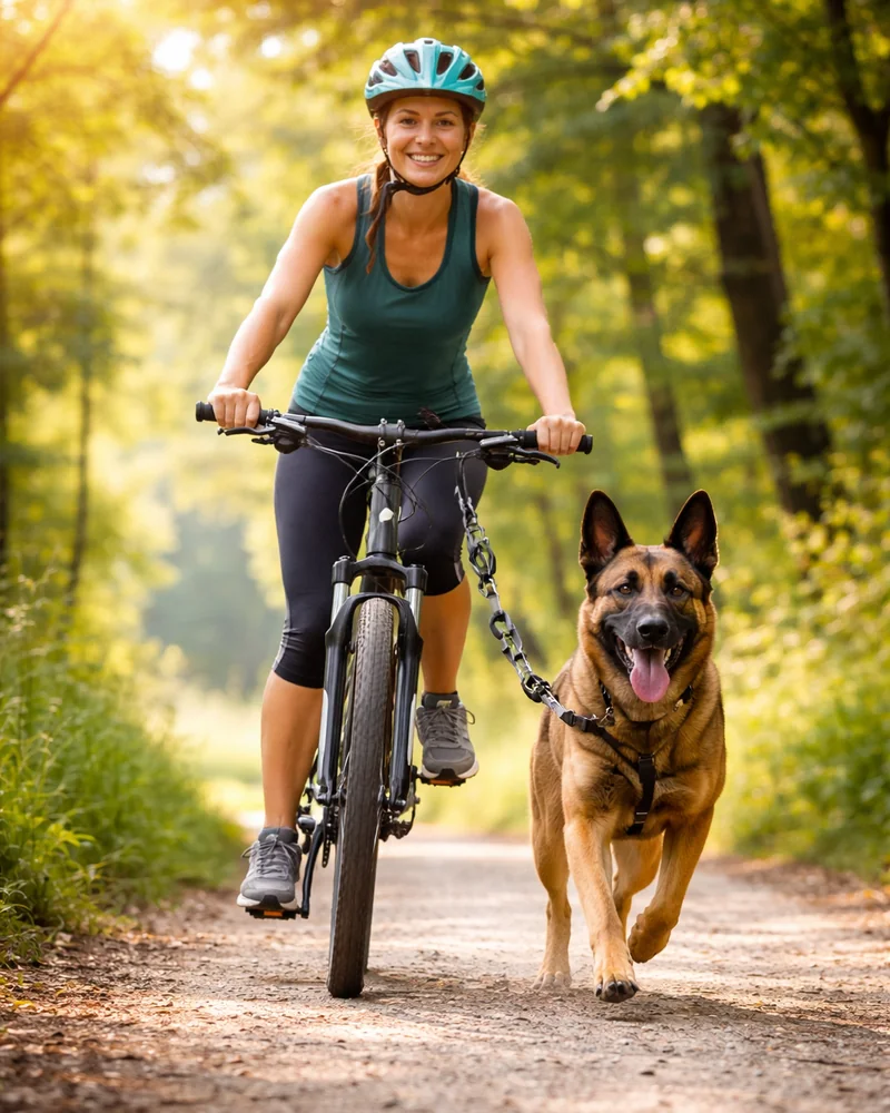 Frau fährt Fahrrad mit Schäferhund auf Waldweg bei Sonnenschein