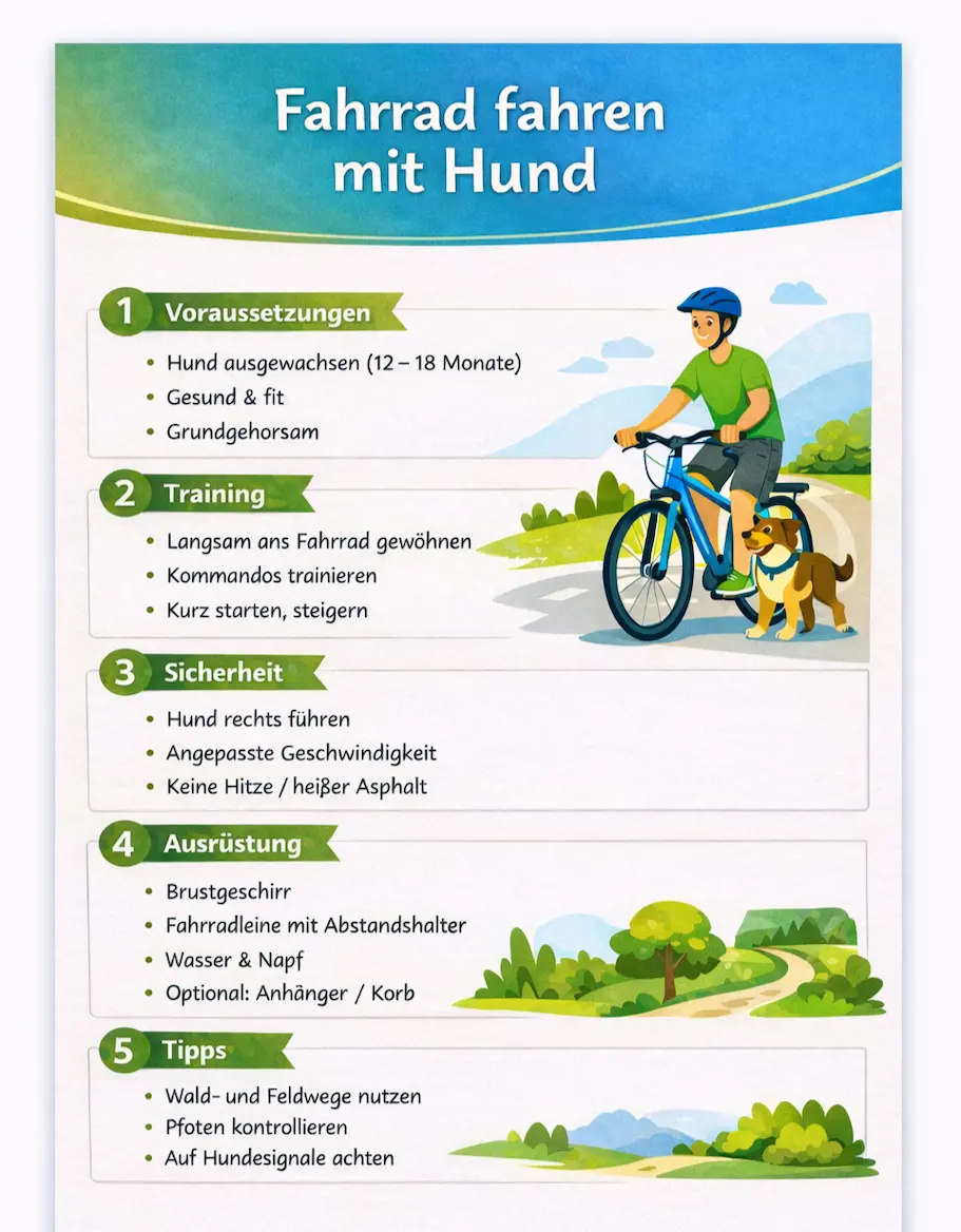 Infografik zum sicheren Fahrradfahren mit Hund mit Tipps zu Voraussetzungen, Training, Sicherheit, Ausrüstung und Verhalten