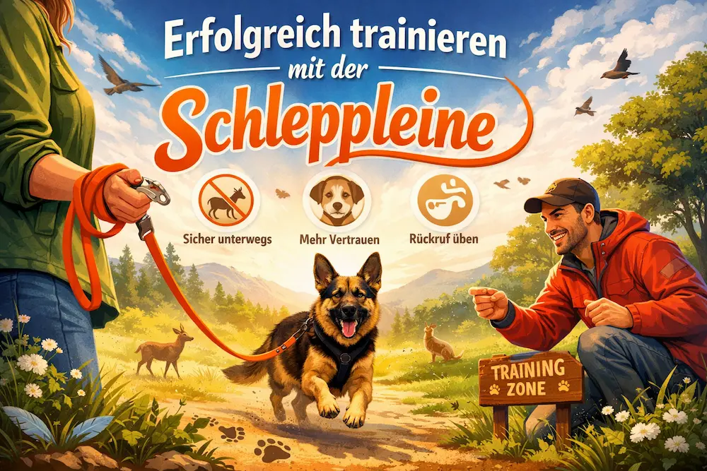 Schäferhund beim Training mit Schleppleine in der Natur, während ein Hundehalter den Rückruf übt und Kontrolle behält