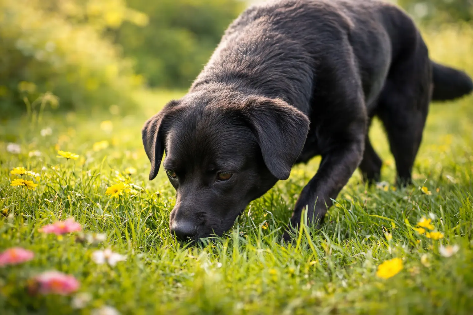 schwarzer sheprador schnüffelt auf einer wiese