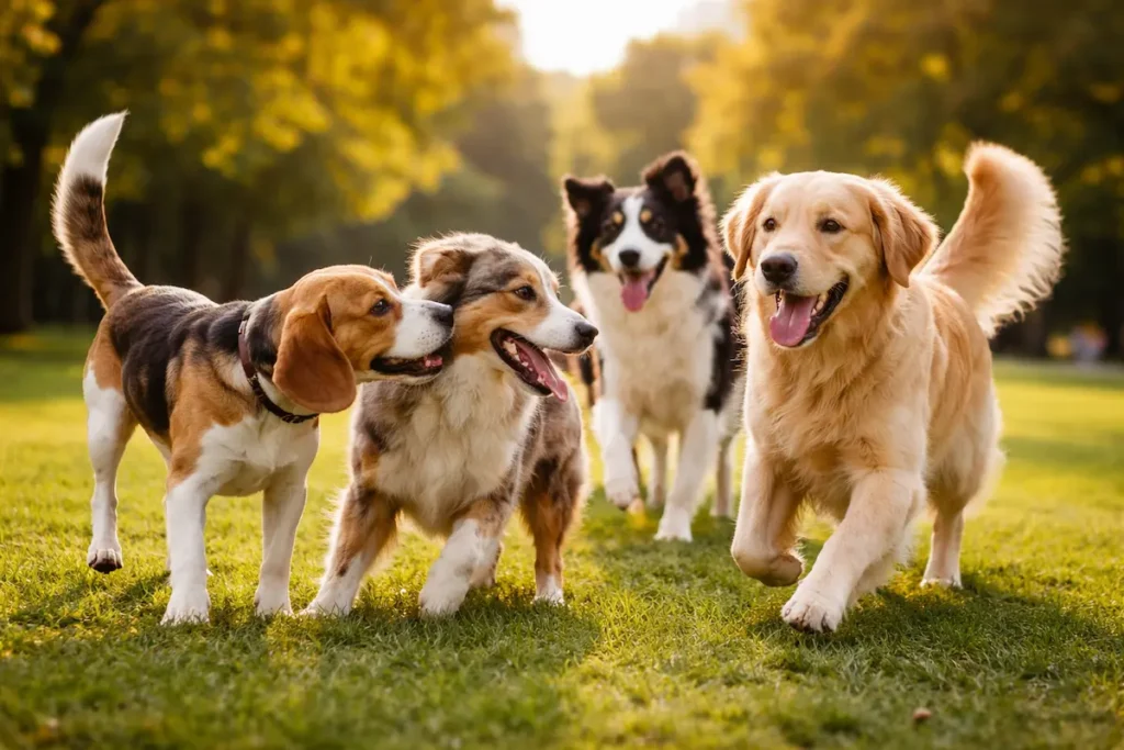 Glückliche Hunde rennen zusammen im Grünen und interagieren spielerisch miteinander