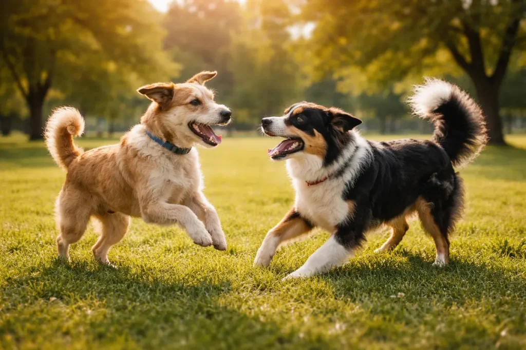 Glückliche Hunde beim gemeinsamen Spielen im Park – soziale Interaktion