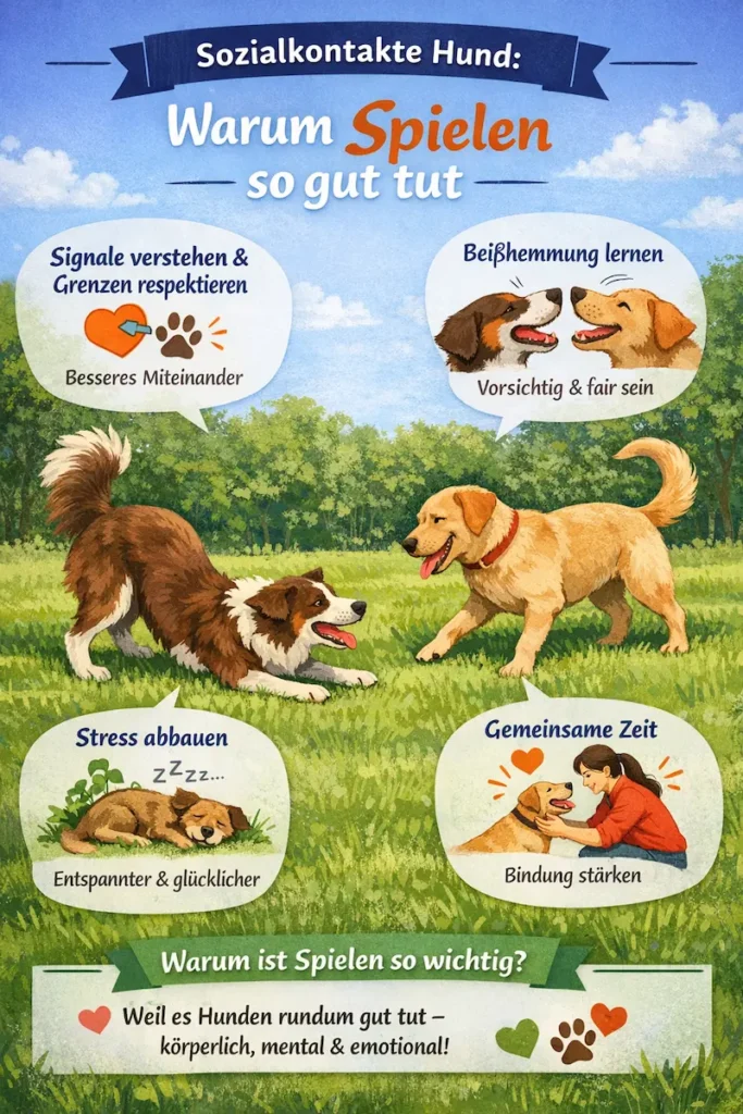 Infografik zeigt Zusammenhang zwischen Sozialkontakt, Stressabbau und Beißhemmung bei Hunden