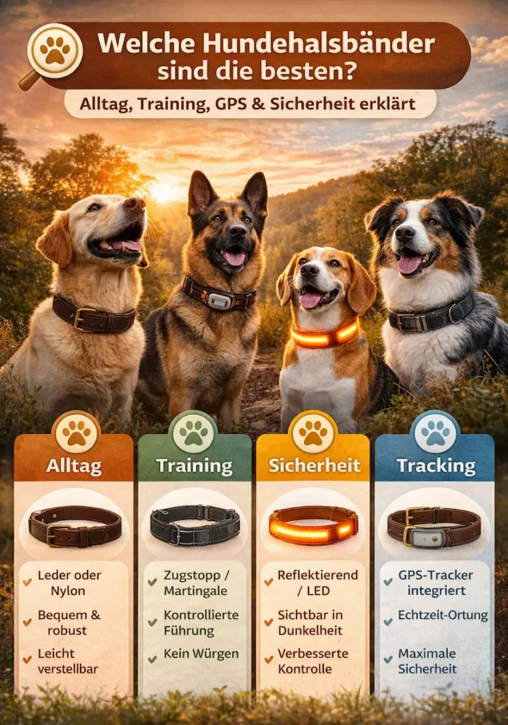 Infografik mit vier Hunden und verschiedenen Hundehalsbändern für Alltag, Training, Sicherheit und GPS-Tracking.