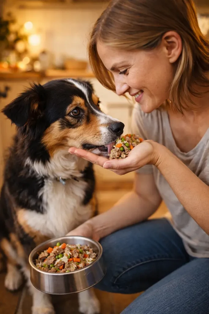 Frau füttert ihren Hund in einer gemütlichen Küche mit gesundem Hundefutter aus einem Napf.