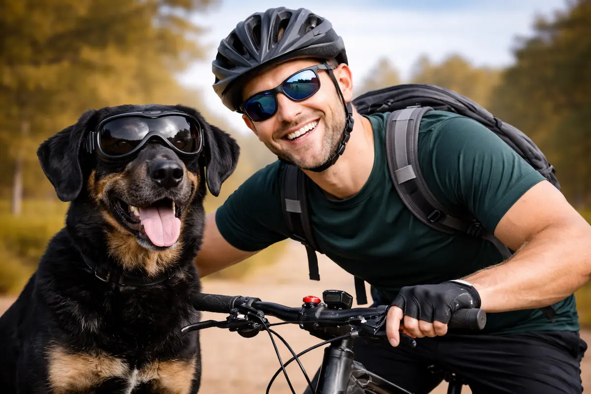 Hund mit Schutzbrille neben Besitzer beim Fahrradfahren im Outdoor-Abenteuer