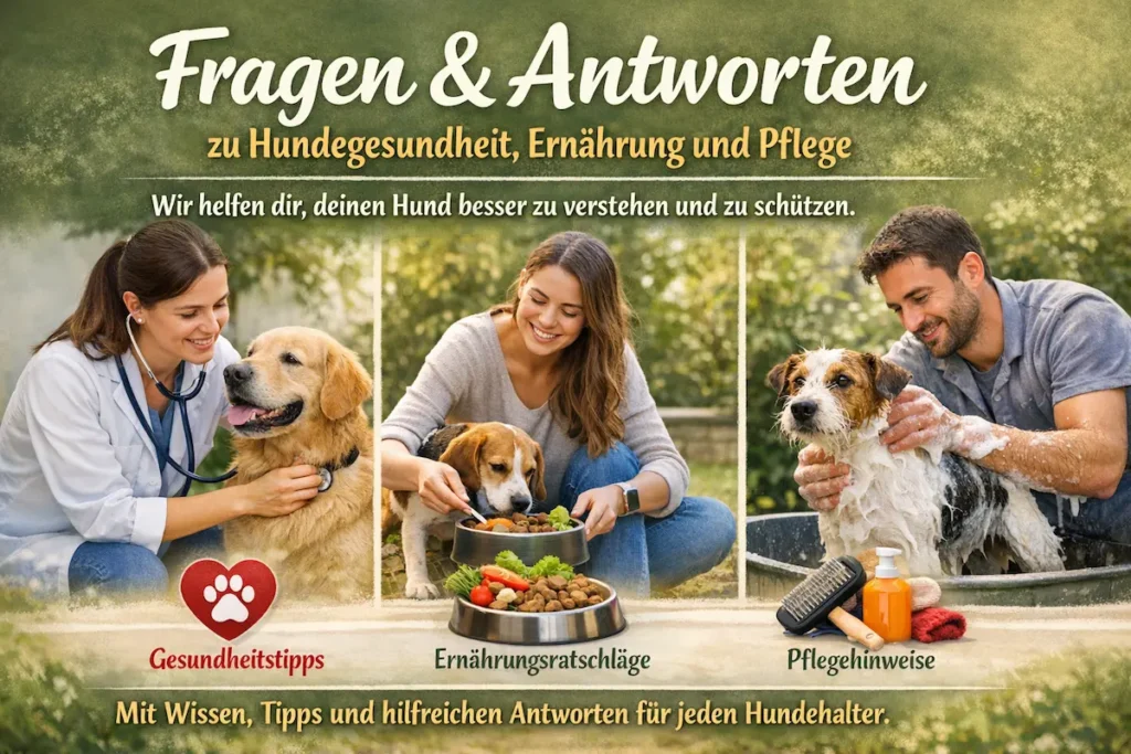 Hundegesundheit, Ernährung und Pflege – Tierarzt untersucht Hund, Besitzerin füttert Hund und Mann badet Hund mit Pflegemitteln.