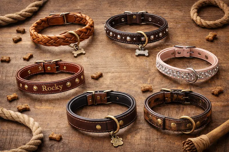Leder-Hundehalsbänder in verschiedenen Designs auf rustikalem Holzuntergrund.