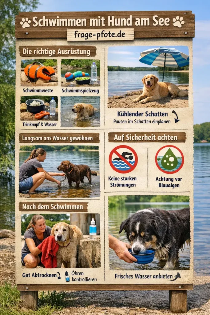 Infografik mit Tipps zum Schwimmen mit dem Hund am See, inklusive Sicherheit, Gewöhnung und Vorteile