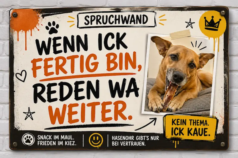 Lustige Berliner Spruchwand mit Hund und Hasenohr-Spruch „Wenn ick fertig bin, reden wa weiter“