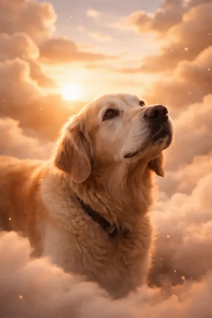 Ein älterer Golden Retriever steht in warmem Sonnenlicht, umgeben von weichen Wolken, und blickt ruhig in den Himmel. Die Szene wirkt friedlich und symbolisiert den Übergang in den „Hundehimmel“.