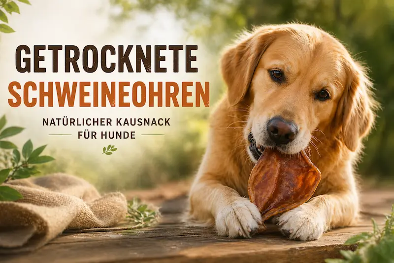 Golden Retriever kaut entspannt auf einem getrockneten Schweineohr in natürlicher Umgebung.
