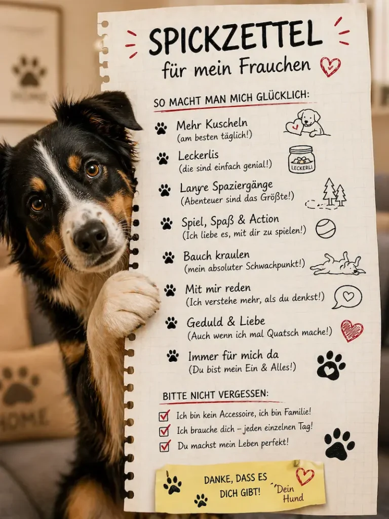 Ein liebevoll gestaltetes Poster zeigt einen Hund, der einen humorvollen „Spickzettel“ präsentiert. Darauf stehen spielerische Tipps, wie man ihn glücklich macht – von Kuscheln bis Spaziergänge. Die Szene wirkt warm, persönlich und emotional.