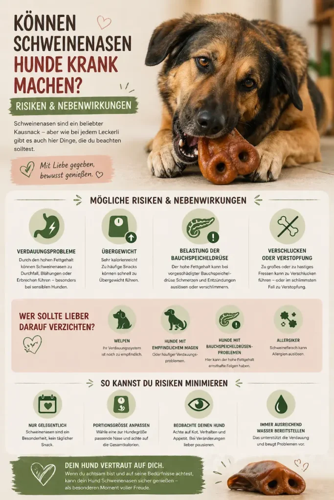 Großer Hund kaut auf getrockneter Schweinenase, daneben Infografik mit möglichen Risiken wie Verdauungsproblemen, Übergewicht und Unverträglichkeiten