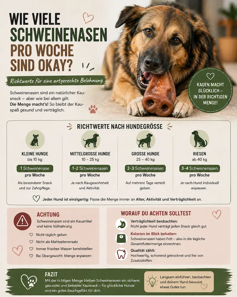 Hund liegt entspannt und kaut auf getrockneter Schweinenase, daneben Infografik mit Richtwerten zur wöchentlichen Fütterungsmenge für kleine, mittelgroße und große Hunde