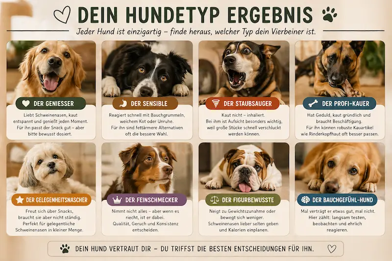 Übersichtliche Infografik mit verschiedenen Hundetypen wie Genießer, Sensibler und Staubsauger und deren Reaktion auf Schweinenasen als Hundesnack