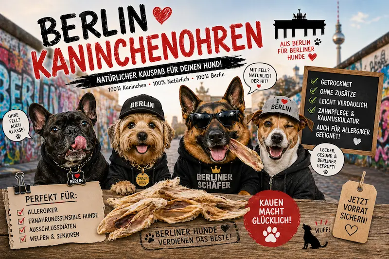 Berliner Hund mit Kaninchenohren als natürlichem Kauartikel