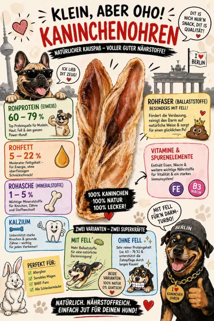 Lustige Infografik mit Berliner Hunden und Kaninchenohren als natürlicher Hundesnack mit Nährwertangaben