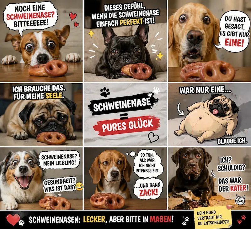 Humorvolle Meme-Collage mit verschiedenen Hunden, die auf Schweinenasen reagieren – von begeistertem Betteln bis zu lustigen Darstellungen von Übergewicht durch zu viele Snacks