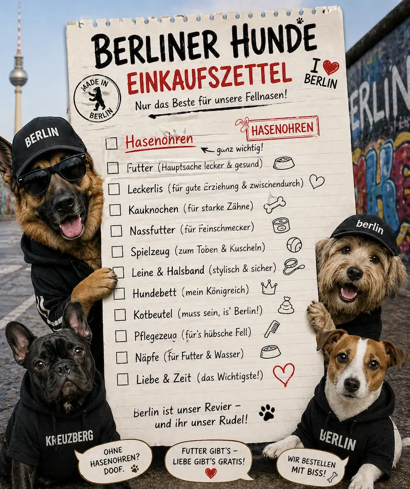 Humorvoller Einkaufszettel mit Berliner Hunden und natürlichen Hundesnacks wie Kaninchenohren, gestaltet im Comic-Stil mit Berlin-Elementen