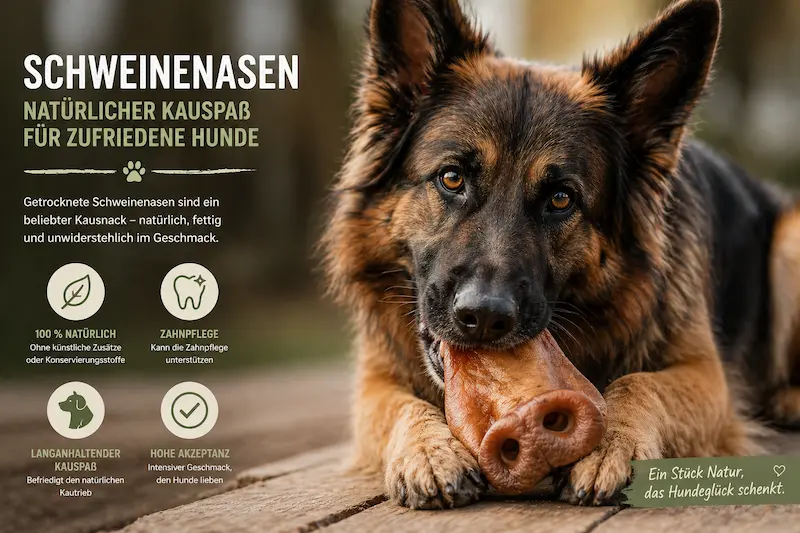 Großer Schäferhund liegt entspannt und kaut genüsslich auf einer getrockneten Schweinenase als fettiger, natürlicher Kauartikel für Hunde