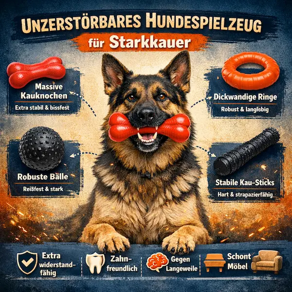 Infografik über unzerstörbares Hundespielzeug für Starkkauer mit Schäferhund und robusten Kauspielzeugen.
