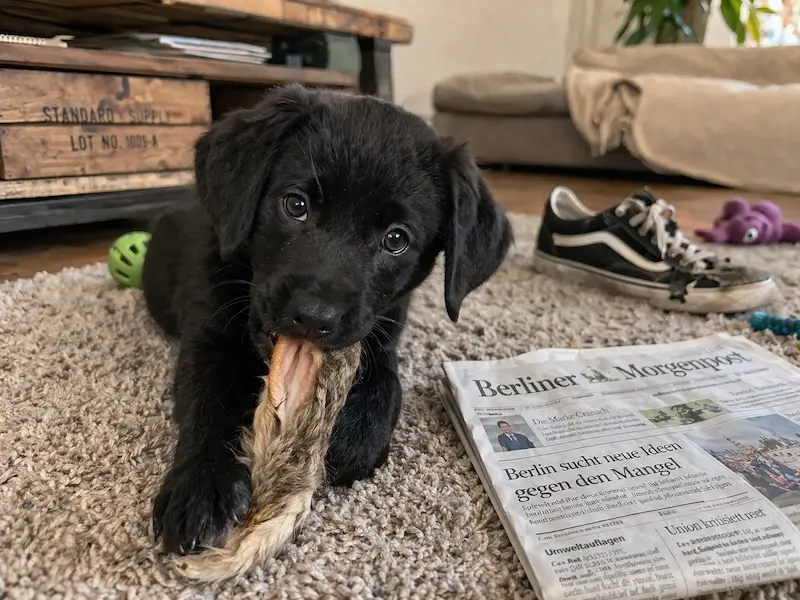 Ein flauschiger Welpe liegt in einem kuscheligen Wohnzimmer auf einem weichen Teppich und knabbert zufrieden an einem Kaninchenohr. Um ihn herum verteilen sich verschiedene Hundespielzeuge – vom Stofftier bis zum Kauspielzeug – und sorgen für eine lebendige, echte Alltagsszene. Im Hintergrund schaffen warme Lichtquellen, ein gemütliches Sofa und liebevolle Details eine ruhige, geborgene Atmosphäre. Das Bild zeigt auf natürliche Weise, wie Kaninchenohren als gesunder Hundesnack nicht nur für Beschäftigung sorgen, sondern auch Entspannung und Zufriedenheit beim Hund fördern.