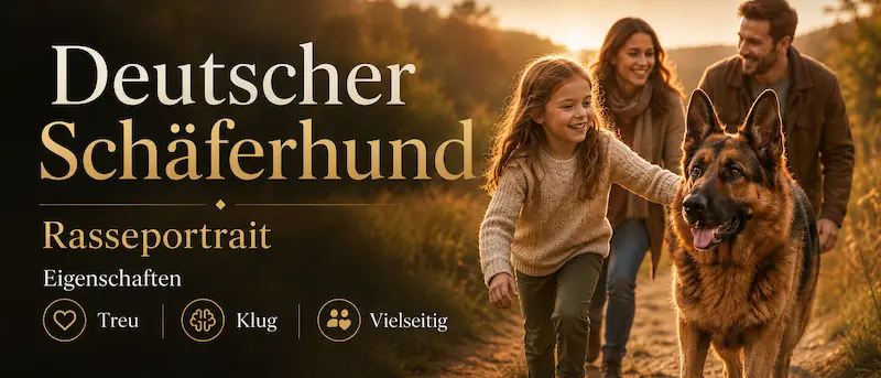 Deutscher Schäferhund läuft bei goldenem Sonnenlicht mit einer Familie auf einem Naturweg, daneben Text zum Rasseportrait und Eigenschaften.
