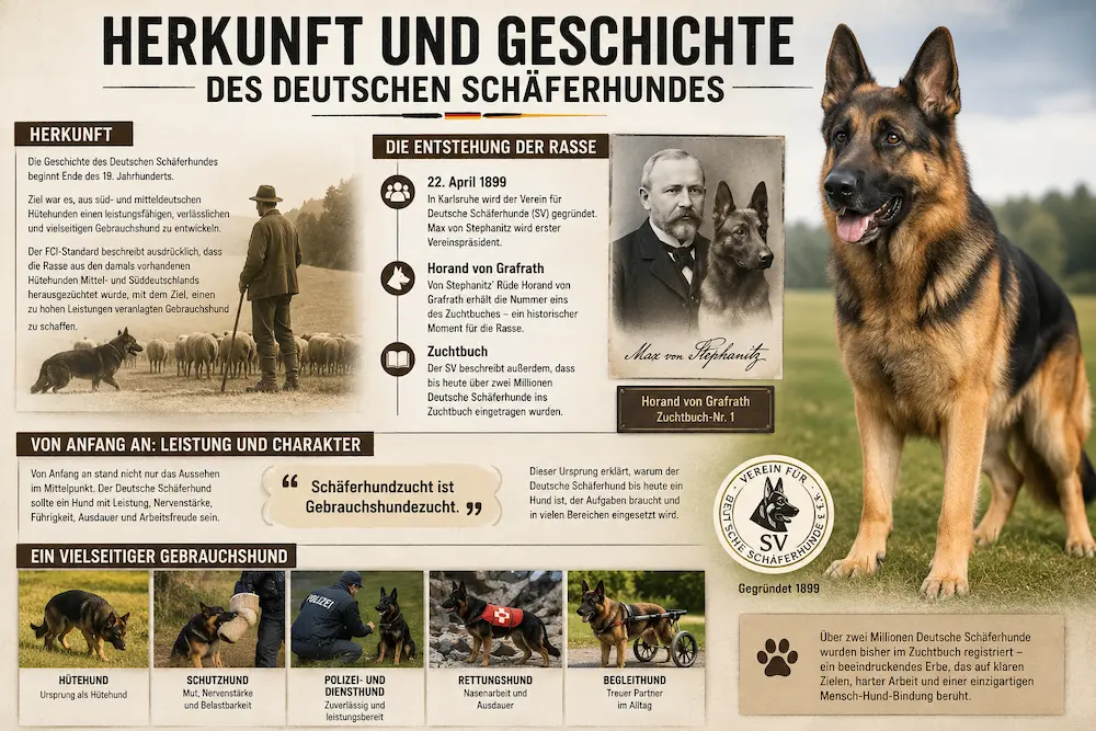 Rechts dominiert ein großer, kräftiger Deutscher Schäferhund das Bild. Er steht aufmerksam auf einer Wiese und wirkt wachsam, selbstbewusst und arbeitsbereit.
