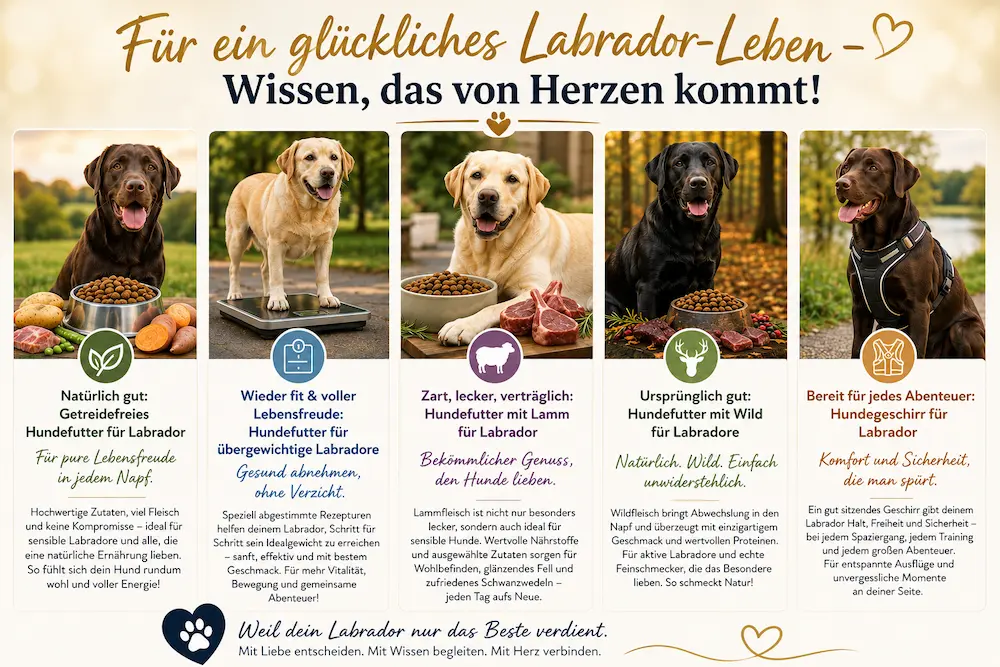Infografik mit fünf Labrador-Ratgebern zu getreidefreiem Futter, Übergewicht, Lamm, Wild und Hundegeschirr.