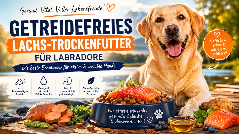 Gelber Labrador liegt an einem See neben Trockenfutter mit Lachs und natürlichen Zutaten.