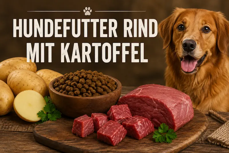 Hero-Bild zu Hundefutter Rind mit Kartoffel mit Hund, Rindfleisch, Kartoffeln und Trockenfutter in rustikaler Szene.