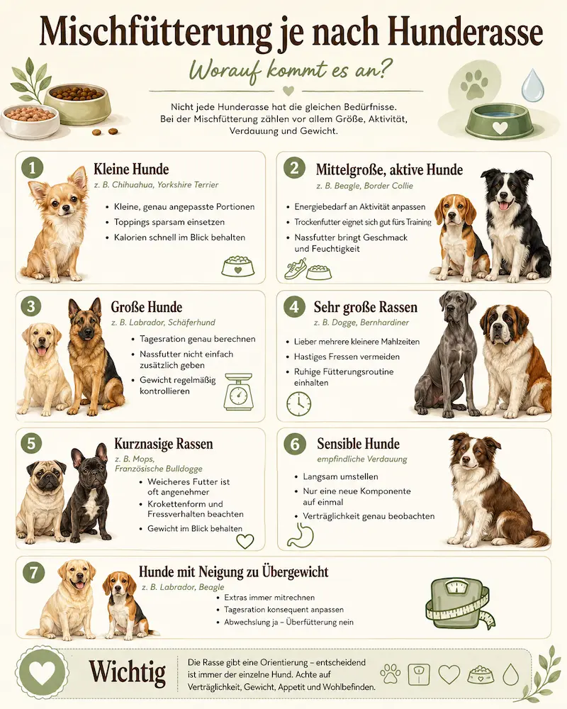 Infografik zur Mischfütterung je nach Hunderasse mit Tipps zu Nassfutter und Trockenfutter für kleine, große, aktive und sensible Hunde.