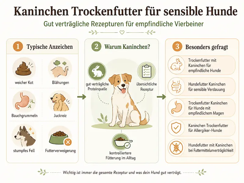 Infografik über Kaninchen Trockenfutter für sensible Hunde mit typischen Anzeichen, Vorteilen und häufig gesuchten Futterthemen.