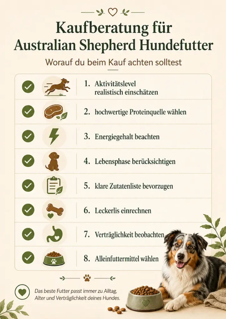 Infografik mit Checkliste zur Kaufberatung für Australian Shepherd Hundefutter mit Tipps zu Aktivitätslevel, Proteinquelle, Energiegehalt, Lebensphase und Verträglichkeit.