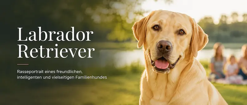 Goldener Labrador Retriever sitzt freundlich im warmen Sonnenlicht vor einer unscharfen Parklandschaft mit Familie im Hintergrund.
