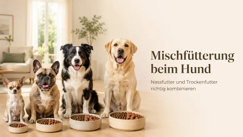 Vier Hunde verschiedener Rassen mit Näpfen aus Nassfutter und Trockenfutter in einem hellen Wohnraum.
