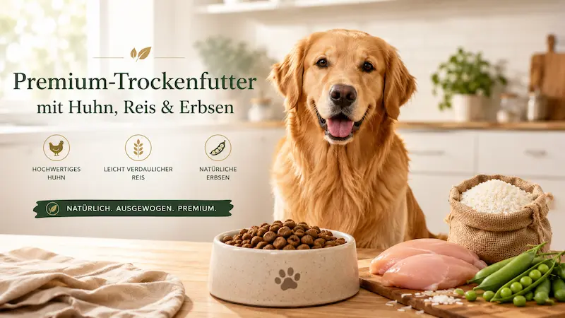 Golden Retriever neben Napf mit Trockenfutter, Huhn, Reis und Erbsen in heller Küche.