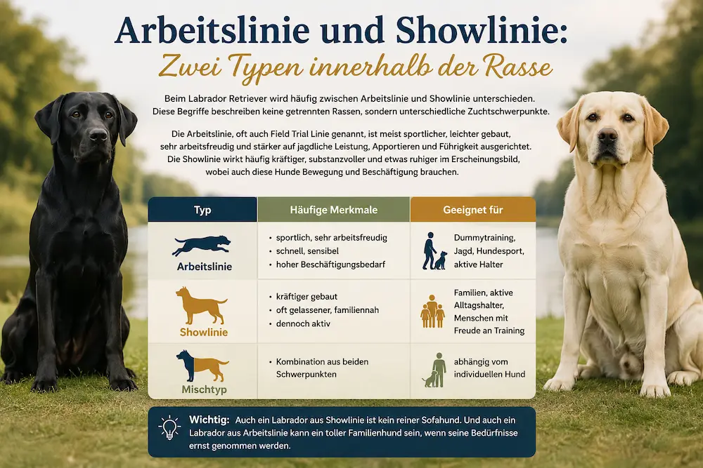 Zwei Labradore aus Arbeitslinie und Showlinie mit Infografik zu Merkmalen, Einsatzbereichen und Unterschieden.