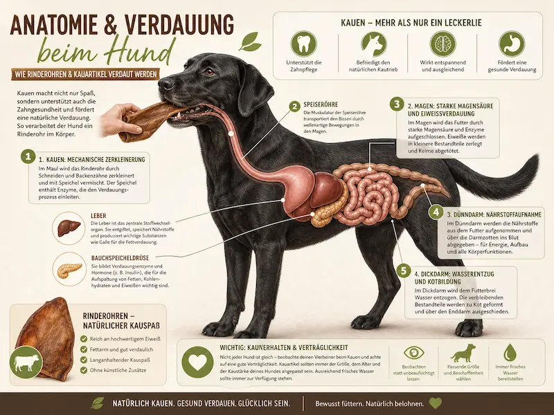 Infografik zur Anatomie und Verdauung eines Hundes beim Kauen von Rinderohren
