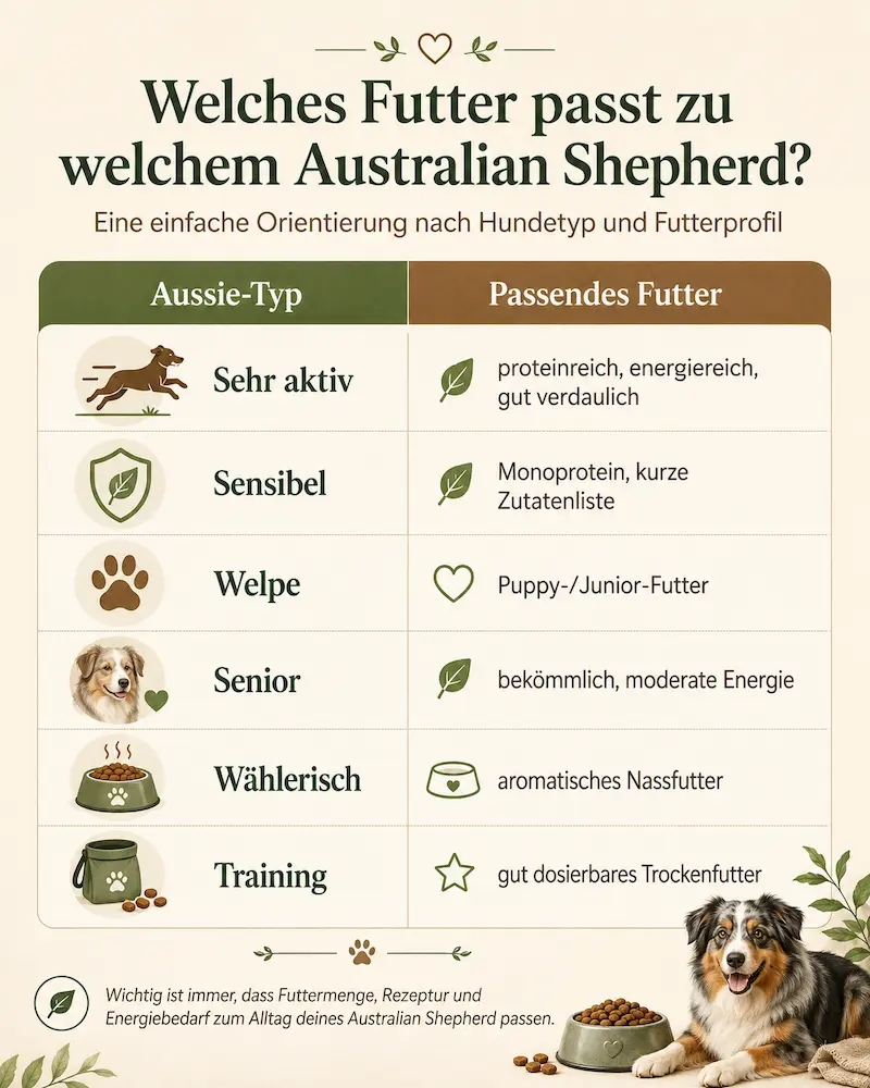 Infografik mit einer Übersicht, welches Futter zu welchem Australian Shepherd passt – von sehr aktiv über sensibel bis Senior, Welpe oder wählerisch.